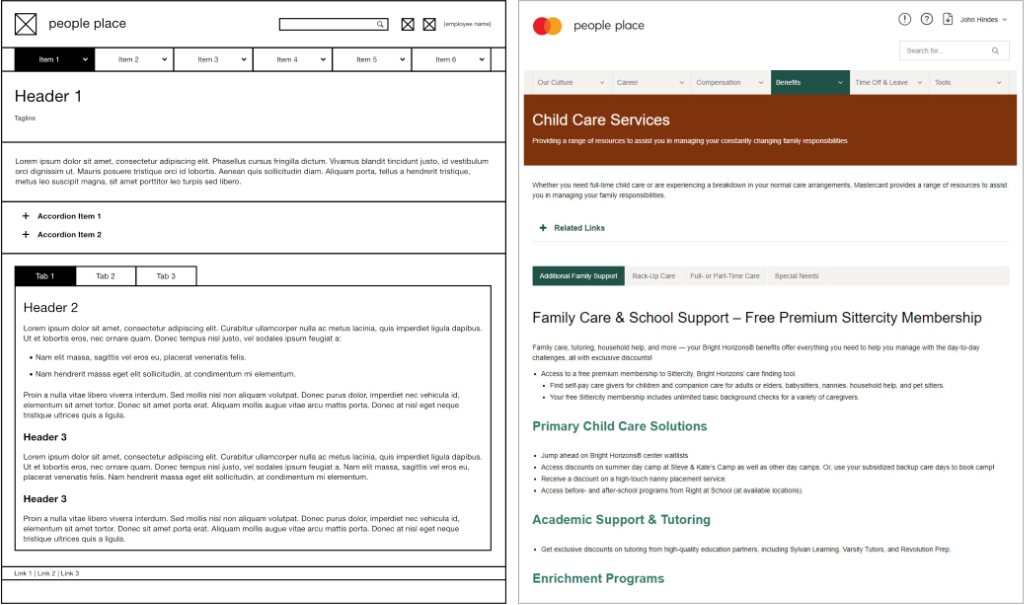 Content page wireframe and production page, side-by-side