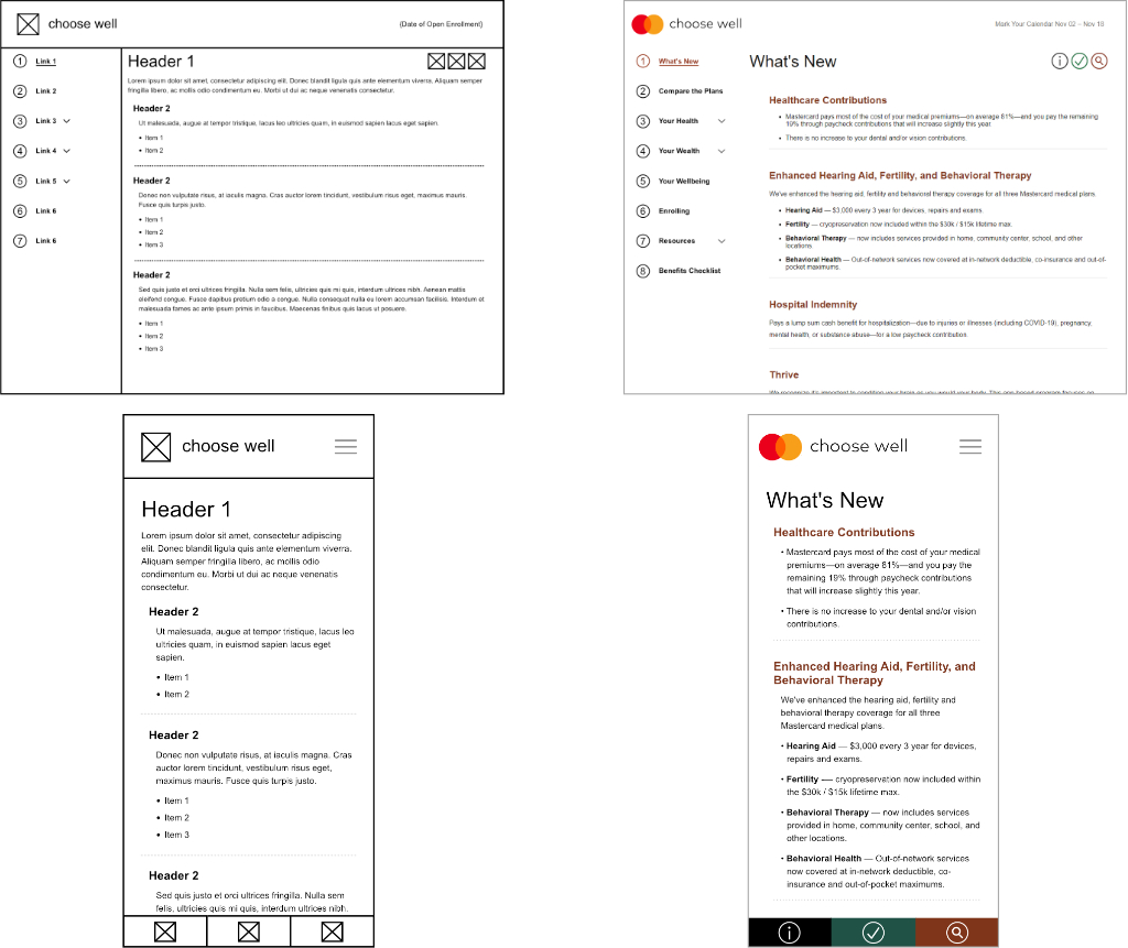 What's New wireframe and production page, side-by-side
