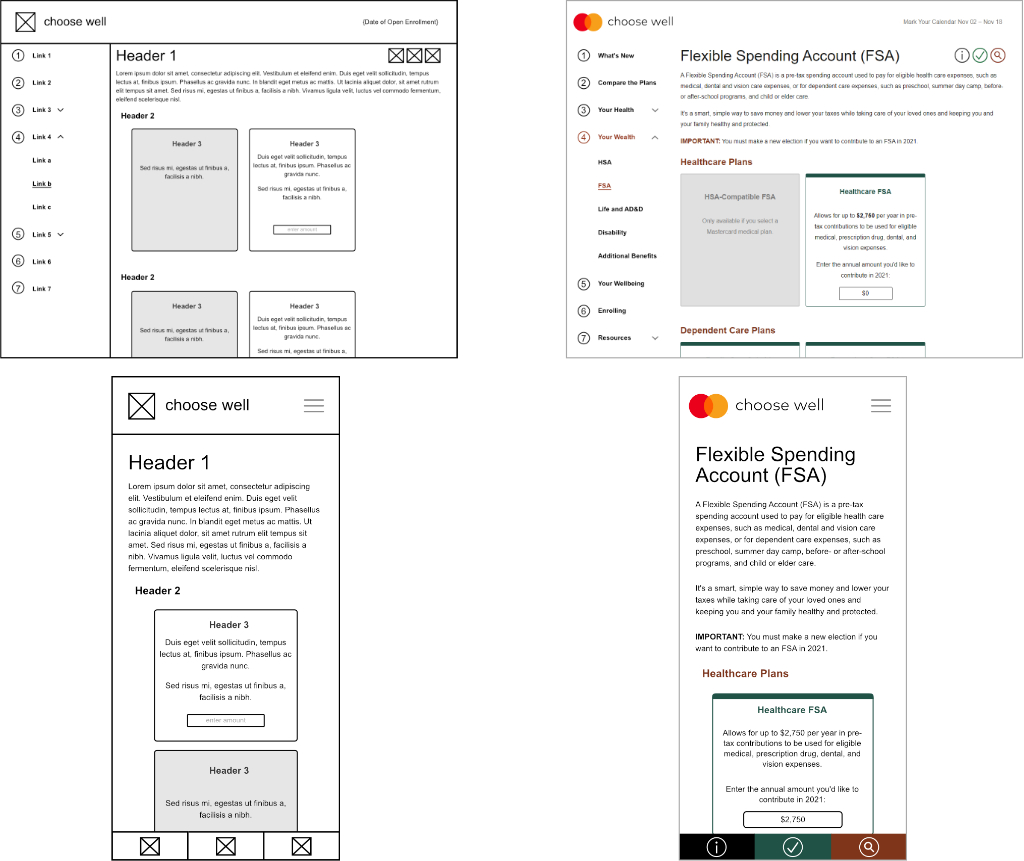 Flexible Spending Account wireframe and production page, side-by-side
